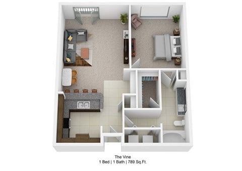 Floor plan for 1 bed, 1 bath, 789 sqft